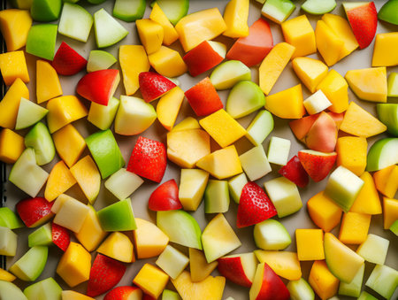 Fruit Paradise for Smoothie, Perfect smoothie ingredients - sliced kiwi, mango, peach, and apple on a light surface.の素材