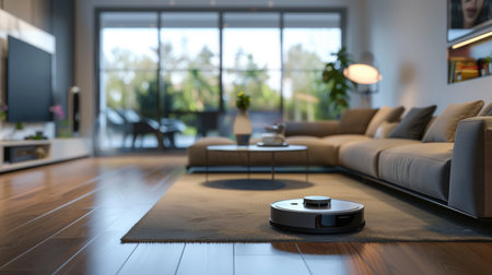 A modern living room featuring a sleek couch and a coffee table. An advanced robot assistant is tidying up the room, showing futuristic technology integrated into everyday life.の素材