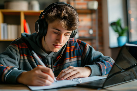 A young man in headphones concentrates on writing notes on a piece of paper, absorbed in a creative pursuit.の素材