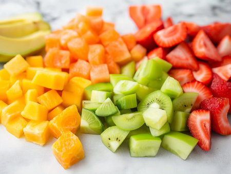 Fruit Paradise for Smoothie, Perfect smoothie ingredients - sliced kiwi, mango, peach, and apple on a light surface.の素材