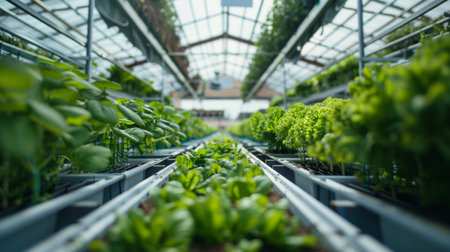 A vibrant array of green plants thrive in the innovative hydroponic systems of a greenhouse, creating a lush oasis of growth and abundance.の素材