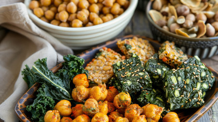 An elegant display of succulent and spiced finger foods on a stylish table setting, enticing anyone with a passion for gourmet cuisine.の素材