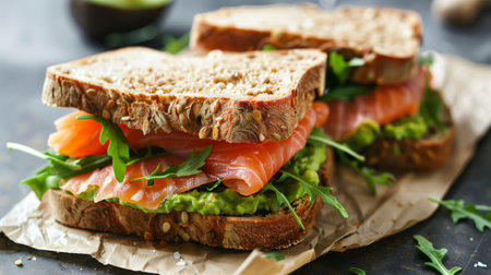 A mouthwatering wheat bread sandwich with salmon, arugula, and gourmet ingredients showcased on a piece of paper.の素材