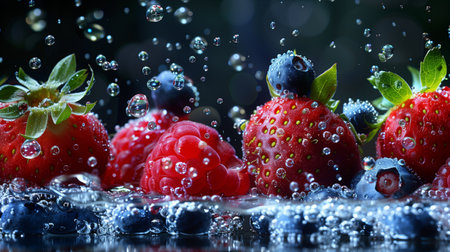 Juicy strawberries and blueberries peacefully float in crystal-clear water, creating vibrant ripples of color and texture.の素材