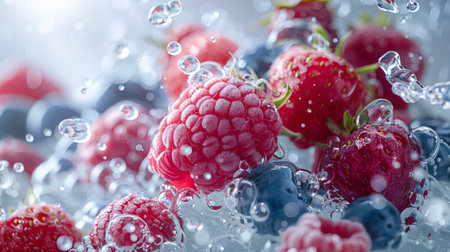 Raspberries and blueberries float in water, surrounded by bubbles. The vibrant colors of the berries contrast with the clear liquid and create a visually stunning scene.の素材