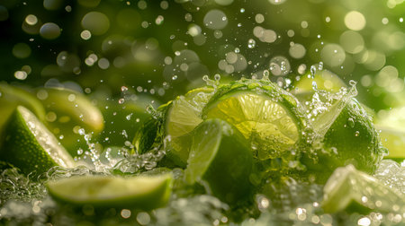 Close-up of juicy limes with water splashing on them, capturing the moment of freshness and vibrancy.の素材
