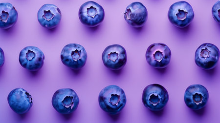 A cluster of ripe blueberries arranged on a vivid purple surface, creating a visually striking composition.の素材