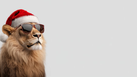 A stylish lion relaxes outside, sporting sunglasses and a festive hat in the sun.の素材