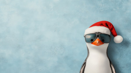 A confident penguin in sunglasses and a Santa hat is ready for a fun holiday!の素材