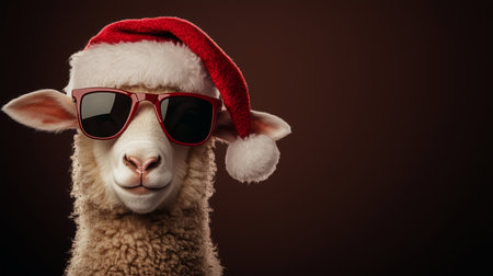 A sheep dons stylish sunglasses and a playful Santa hat, capturing a joyful holiday spirit.の素材