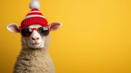 A cheerful sheep in stylish sunglasses and a cozy hat stands against a bright yellow background.の素材