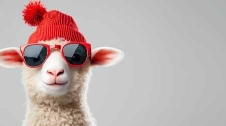 A stylish sheep dons sunglasses and a bright red hat, exuding a playful vibe in sunny surroundings.の素材