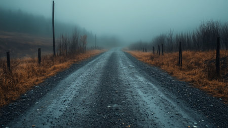 A winding road disappears into a foggy landscape, creating a sense of calm and isolation.の素材