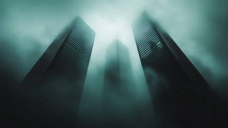Misty shadows of towering skyscrapers create a dramatic urban silhouette at night.の素材