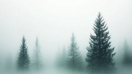 Dense fog envelops towering trees, creating an ethereal atmosphere of solitude and mystery.の素材