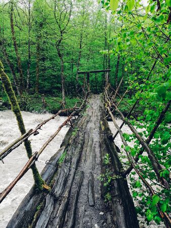 unusual wooden bridge over the river in the forestの写真素材