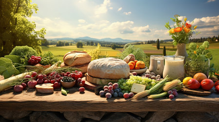 Vegan foods on a large rustic table. The table is standing in nature. Layout with space for text.の素材