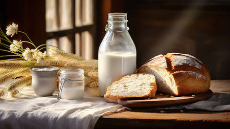 Milk in a glass bottle with sliced bread on a village table. Illuminated by the sun. Layout with room for text.の素材