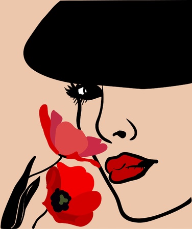 Background with a woman s face in a hat and flowersのイラスト素材