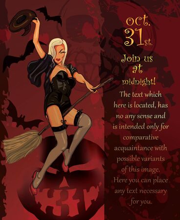 Banner, the invitation to a holiday with a beautiful witch on a broomのイラスト素材