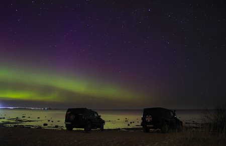 Leningrad region, lake Ladoga, Russia, April 12, 2016, travel by Jeep Wrangler and Hammer H3のeditorial素材