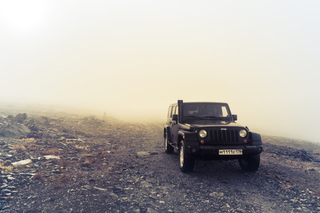 Kola Peninsula, Murmansk region, Russia, September 12, 2016, off-road expedition in a jeep on the Kola Peninsula, the Jeep Wrangler is a compact four wheel drive off road and sport utility vehicleのeditorial素材
