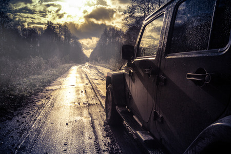 Novgorod region, Russia, October 22, 2016, off-road jeep expedition to the villages of the Novgorod region, the Jeep Wrangler is a compact four wheel drive off road and sport utility vehicleのeditorial素材