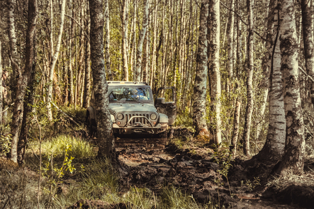 Karelia, Russia, May March 2016 Jeep Wrangler leaving the club at the mountain Vottovaara, the Jeep Wrangler is a compact four wheel drive off road and sport utility vehicleのeditorial素材
