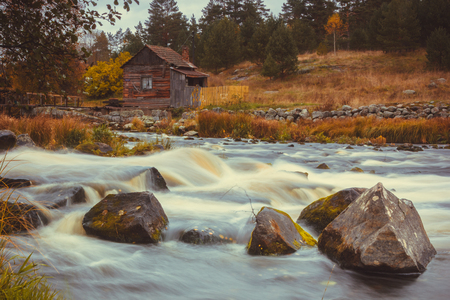 autumn landscape with forest lake, the Karelian isthmus, Russiaの写真素材