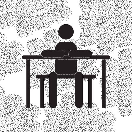 Back to School and Education vector flat icon in black and white style schoolboy sitting at school deskの写真素材