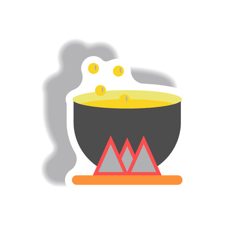 Vector illustration paper sticker Halloween icon Magic kettle with potionのイラスト素材