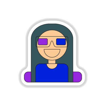 Vector illustration in paper sticker style girl at the Cinema theater in 3D glassesのイラスト素材