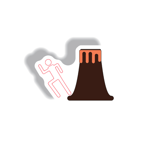 volcano and man silhouette running in sticker styleのイラスト素材