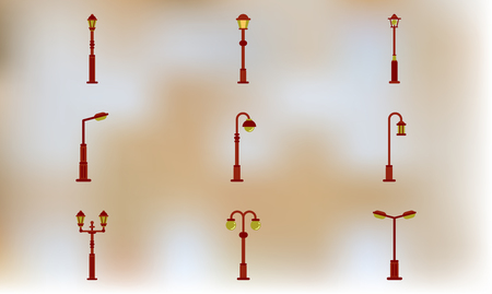 Retro vintage lamp post with electricity lantern vector illustration setのイラスト素材