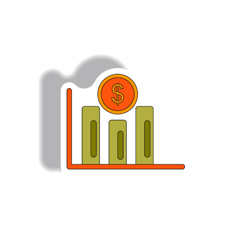 Vector illustration in paper sticker style. infographic design of column chart and currencyのイラスト素材