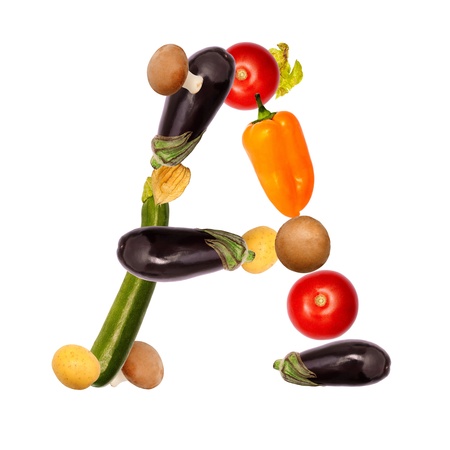 The letter A, builded with various fruits and vegetables, complete font availableの写真素材