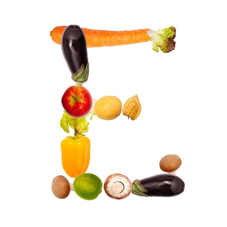 The letter e, builded with various fruits and vegetables, complete font availableの写真素材