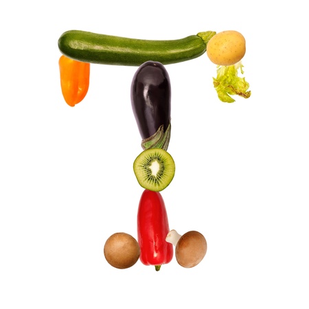 The letter t, builded with various fruits and vegetables, complete font availableの写真素材