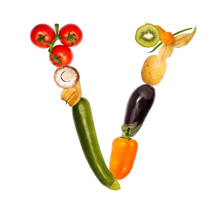 The letter v, builded with various fruits and vegetables, complete font availableの写真素材