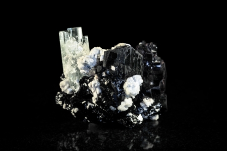 Black tourmaline an aquamarine crystalの写真素材