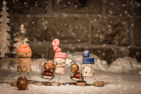 Concept harvesting icewine grapes, wine cork figuresの写真素材