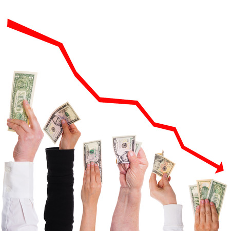 Hands with dollars concept share price isolated on white