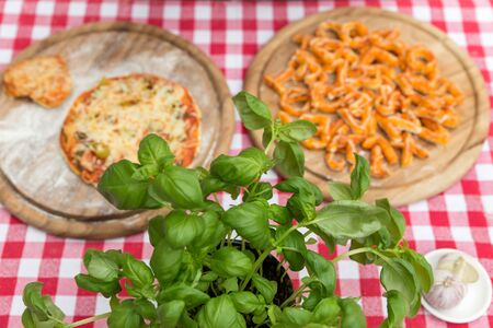 baked pizza letters on a wooden board, red white tablecloth, fresh basilの写真素材