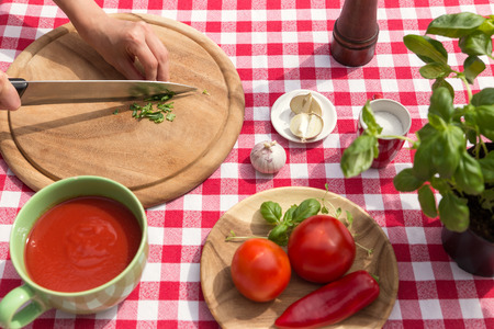 ingredients for a tomatoe sauce, red white tablecloth, woman with knifeの写真素材