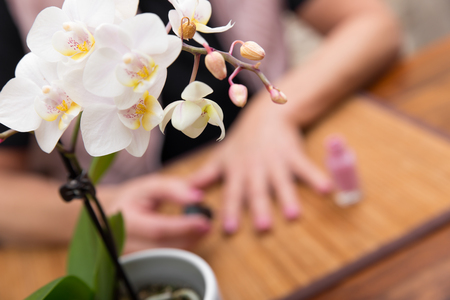 senior adult is colouring her nails with pink enamelの写真素材