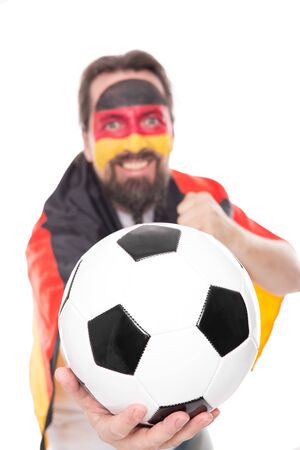 German soccer fan is cheering, Football in the front, isolated on whiteの写真素材