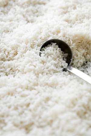 cooked white rice with a spoon, copyspace, concept healthy nutritionの写真素材