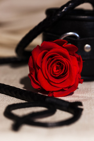 bdsm roleplay toys with a red rose on a white blanketの写真素材