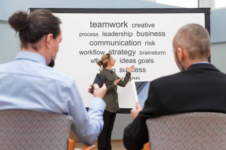 businesswoman in front of staff is doing a presentation or seminar, concept business