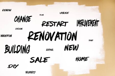 white painted wall with a lot of words, concept Renovation, Improvement and restartの写真素材